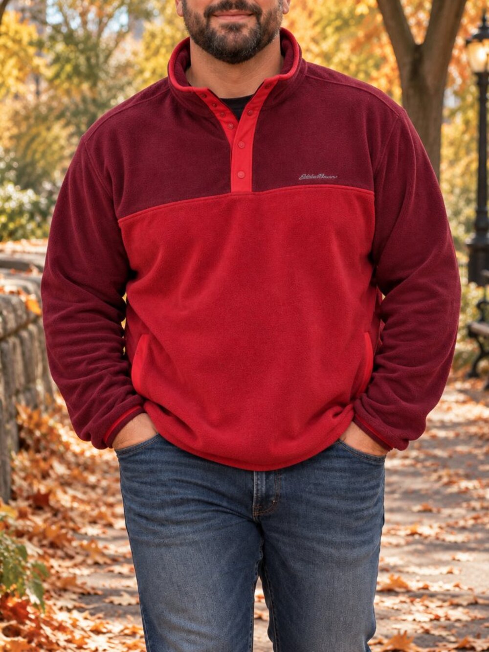 Eddie Bauer Men's 3XL Burgundy Cherry Red Colorblock Fleece Snap Pullover